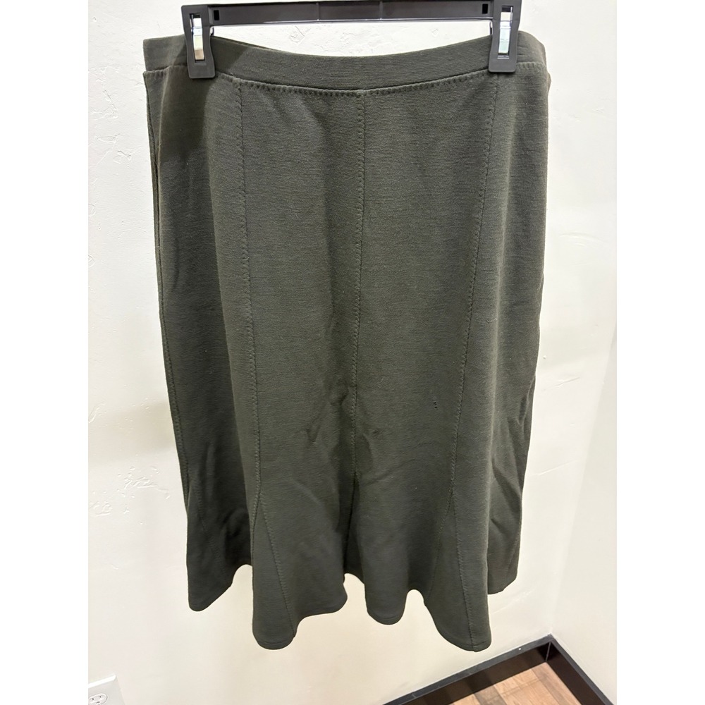 Eileen Fisher‎ Dark Olive Green Knit Flared Midi Skirt Italian Fabric Size L